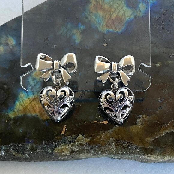 VTG Sterling Silver 925 1" Pierced Scrollwork Heart Dangle Bow Stud Earrings - Picture 3 of 16